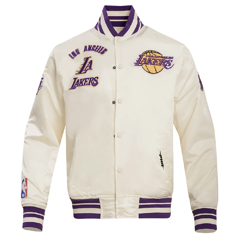 Exclusive Deal NBA LOS ANGELES LAKERS RETRO CLASSIC MEN'S RIB SATIN JACKET (EGGSHELL/ PURPLE)