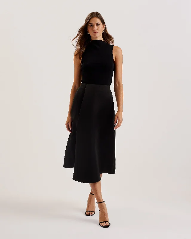 Act Now Erva Asymmetric Satin Wrap Midi Skirt Black