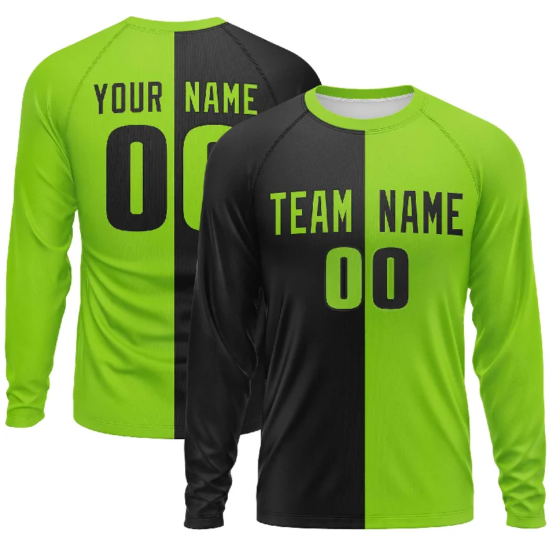 Custom Black Neon Green Crew Neck Split Design Long Sleeve Performance T-Shirt