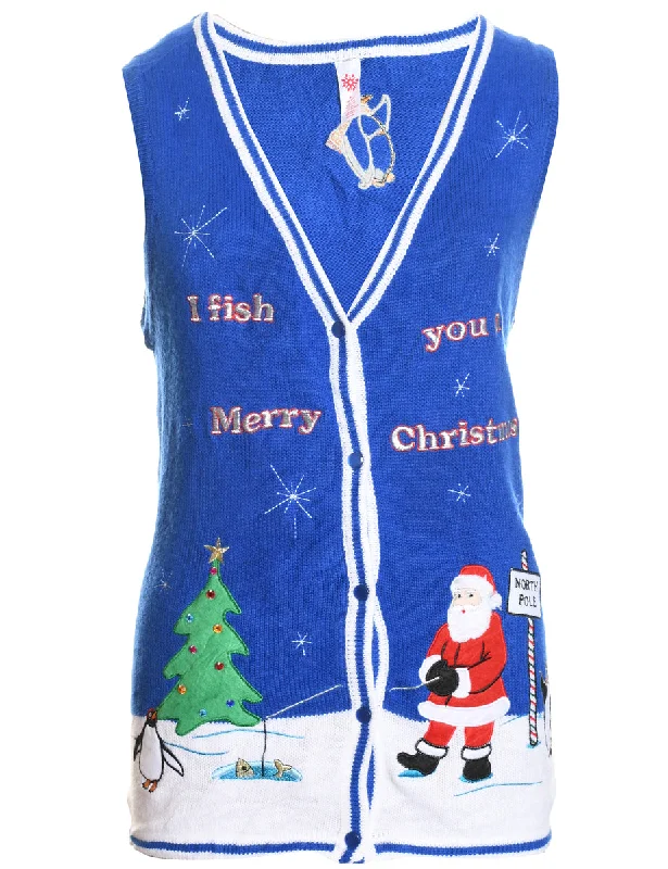 Weekend Offers That Tempt Blue Knit Santa Claus Design Knit Vest - M