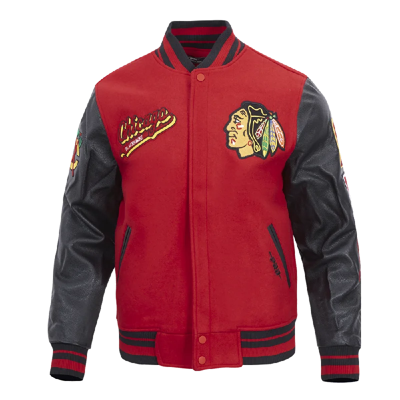 Limited Supply NHL CHICAGO BLACKHAWKS SCRIPT TAIL MEN'S RIB WOOL VARSITY JACKET (RED/BLACK)