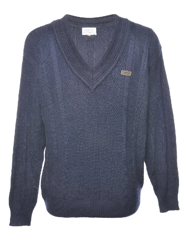 Deal of the Day Cable Knit Navy V-Neck Jumper - L
