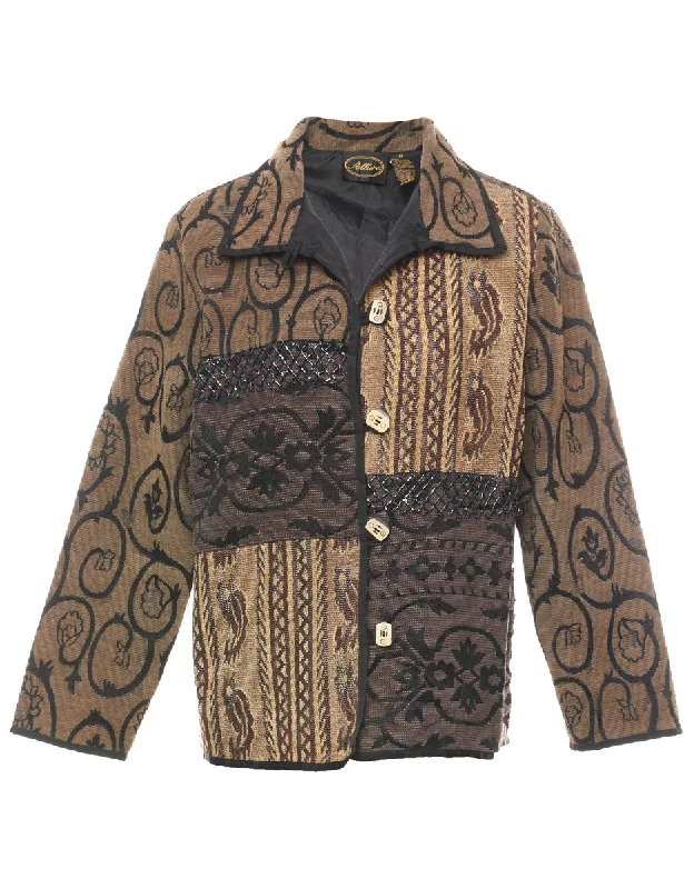 Time-Sensitive Black, Brown & Light Brown Patterned Tapestry Jacket - M