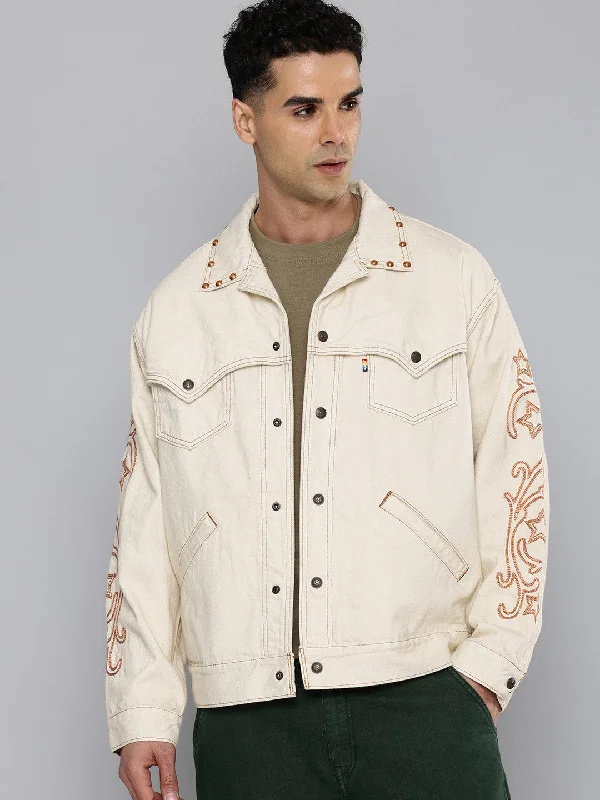 Weekend Bargains to Celebrate Men's Cotton Typography Embroidered Denim Jacket