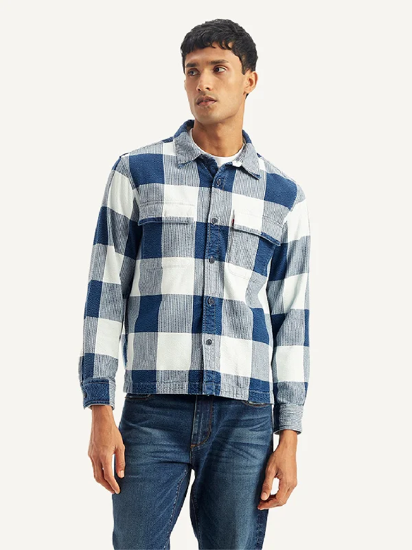 Exclusive Deal Men's Checkered White Spread Collar Shacket