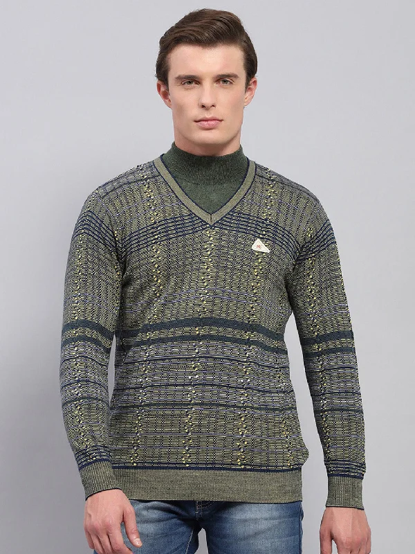 Bargain Prices Men Olive Self Design V Neck Full Sleeve Pullover