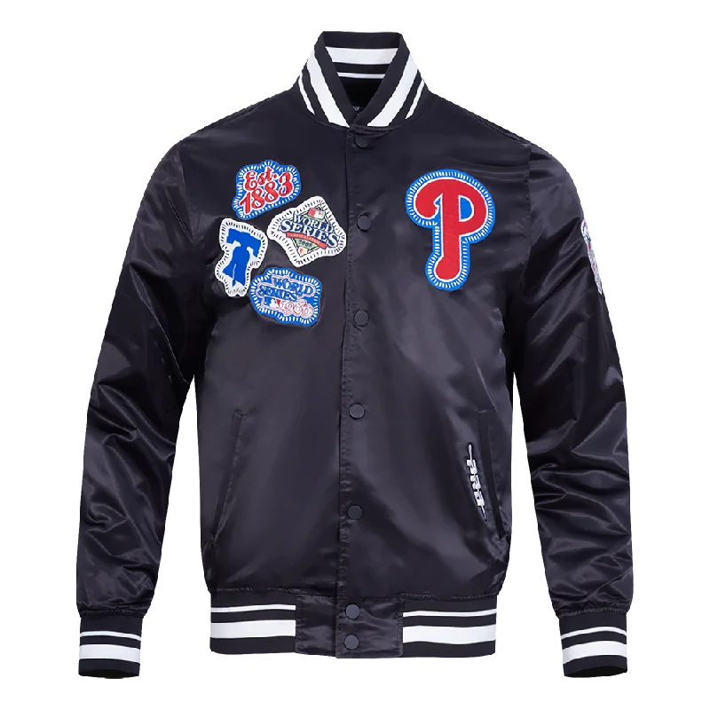 Weekend Discounts You Deserve MLB PHILADELPHIA PHILLIES DIY PICK STITCH MEN'S RIB SATIN JACKET (BLACK)