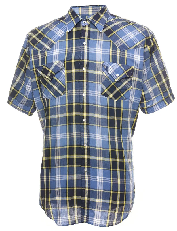 Midnight Madness Blue & Yellow Short Sleeve Western Style Checked Shirt - L
