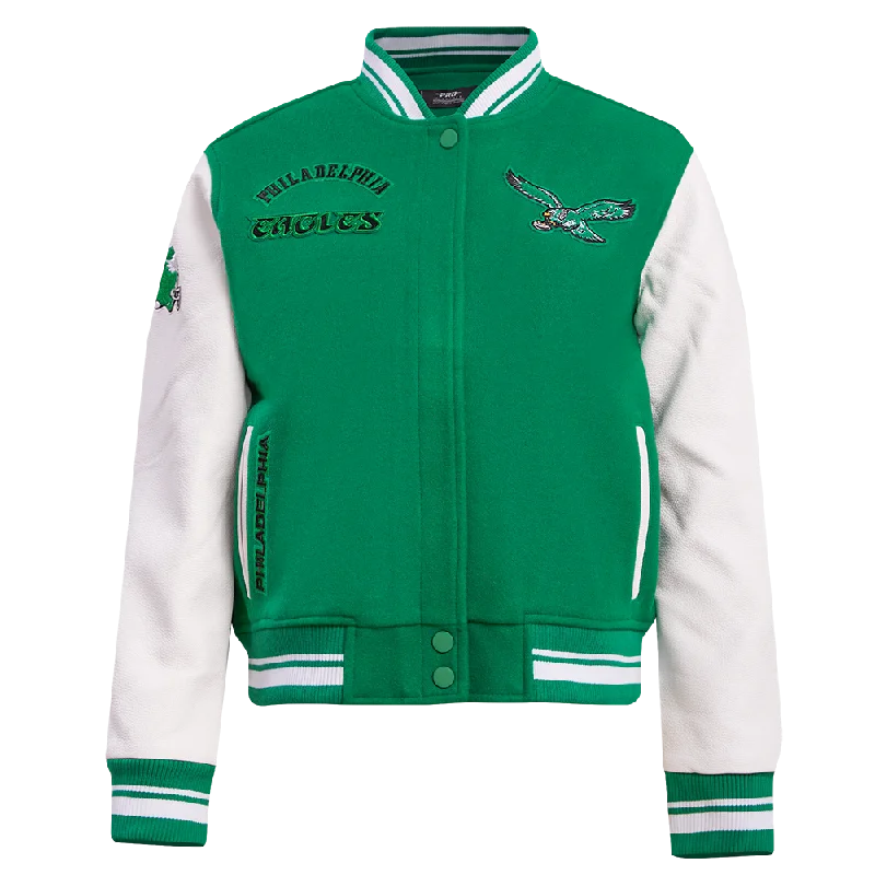 NFL PHILADELPHIA EAGLES RETRO CLASSIC WOMEN'S RIB WOOL VARSITY JACKET (KELLY GREEN/WHITE)