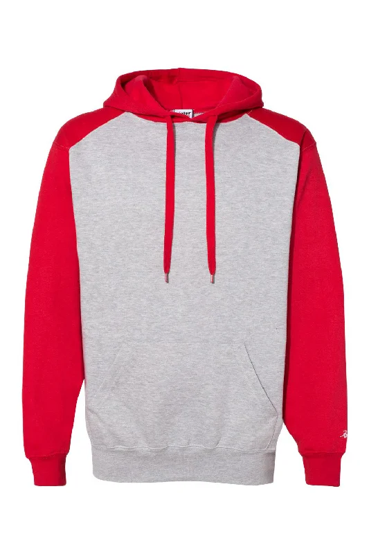 Badger Mens Athletic Fleece Hooded Sweatshirt Hoodie w/ Pouch Pocket - Oxford Grey/Red - Closeout