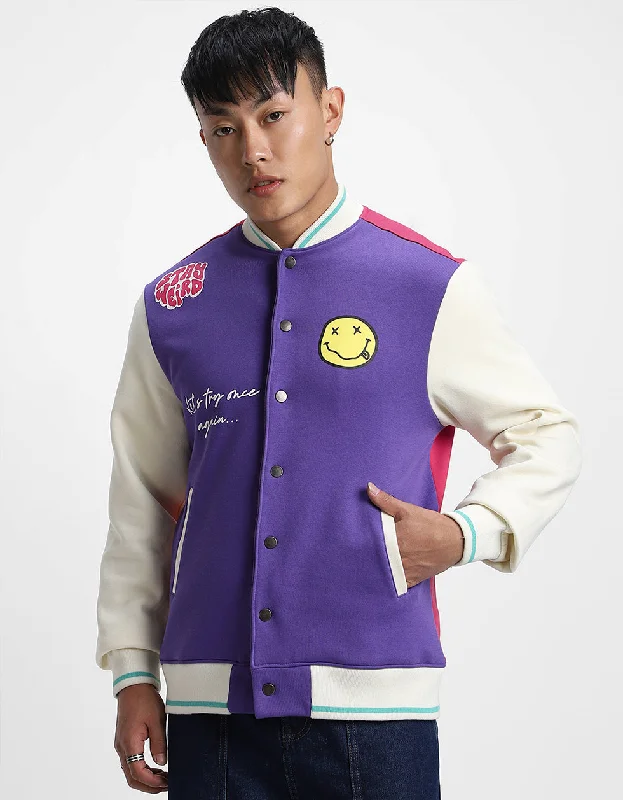 Weekend Deals That Amaze Purple Front Graphic Printed Varsity Jacket