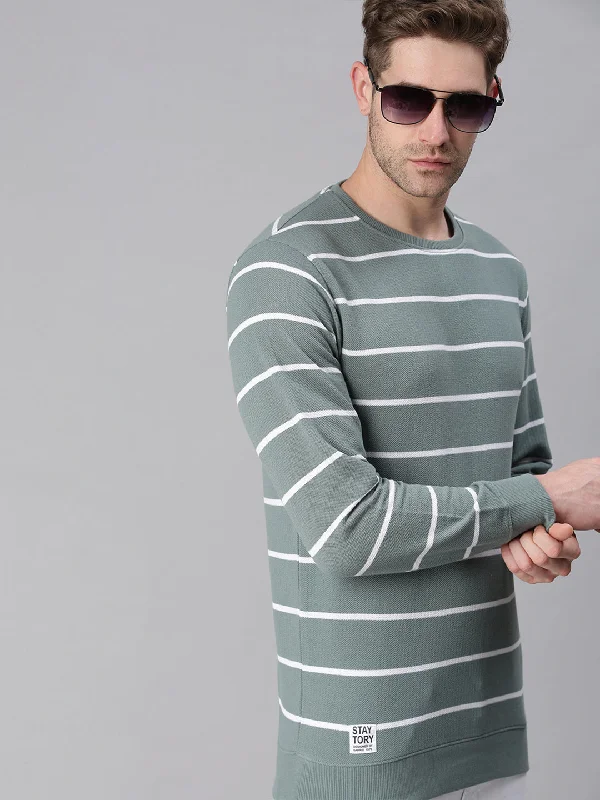 Weekend Discounts to Delight Men Striped Green Sweatshirt