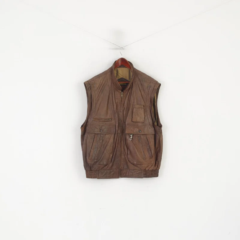 Mega Deal Original Trapper Men XL Waistcoat Brown Leather Vintage Multi Pockets Zip Up Vest