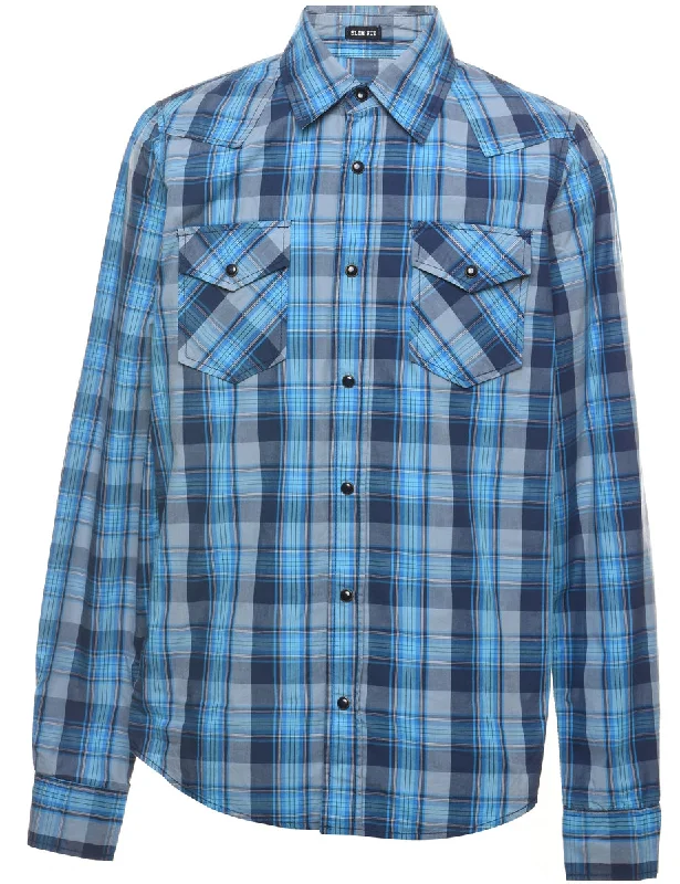 Weekend Discounts to Grab Blue Western Classic Checked Shirt - S