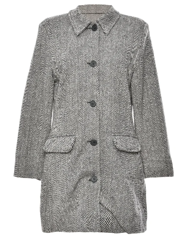 Black & Light Grey Herringbone Tweed Wool Coat - L