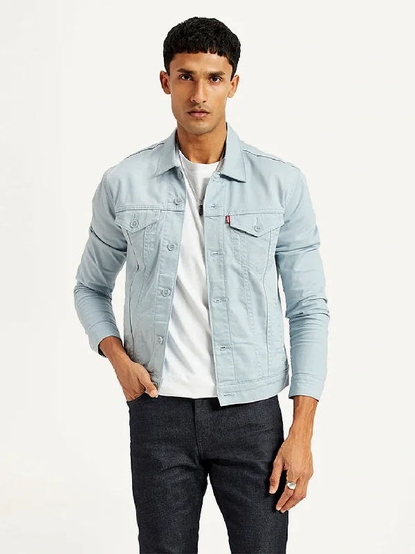 Midnight Madness Men's Solid Light-Blue Spread Collar Trucker Jacket