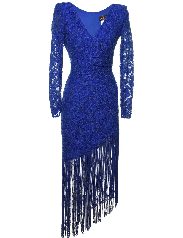 Weekend Bargains to Cherish Blue Lace Fringed Asymmetric Hem Evening Dress - M
