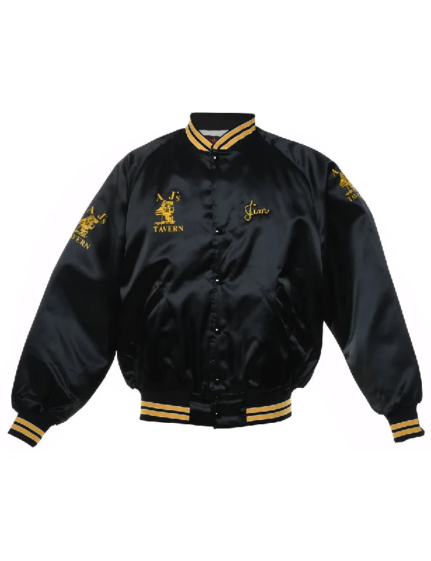 Black & Yellow Contrast AJ's Tavern Silky Bomber Jacket - XL