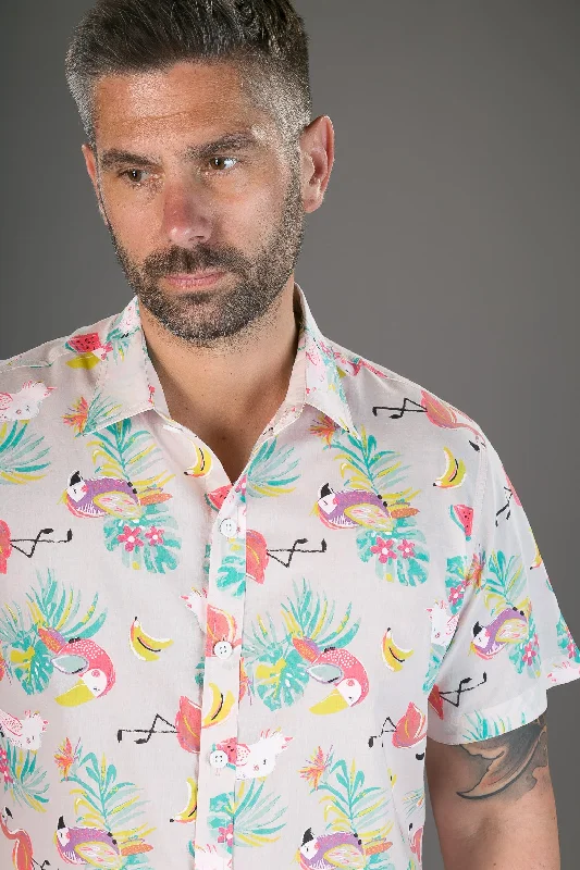 Now or Never Pink Flamingo Toucan Print Cotton Slim and Regular Fit Mens Shirt Short Sleeve