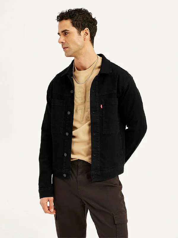 Weekend Discounts to Relish Men's Solid Black Spread Collar Jacket