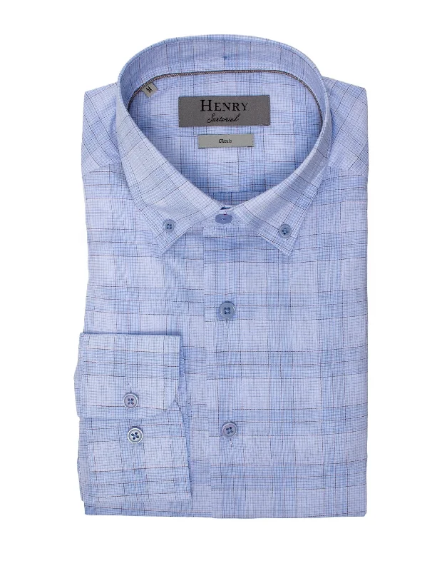 HENRY SARTORIAL Casual Micro Check Shirt BLUE/BROWN