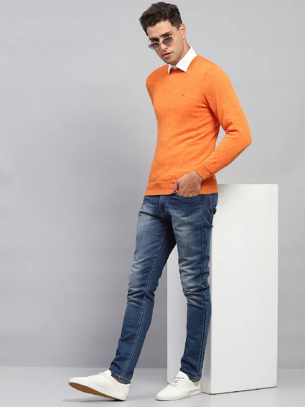 Men Orange Solid Round Neck Full Sleeve Pullover