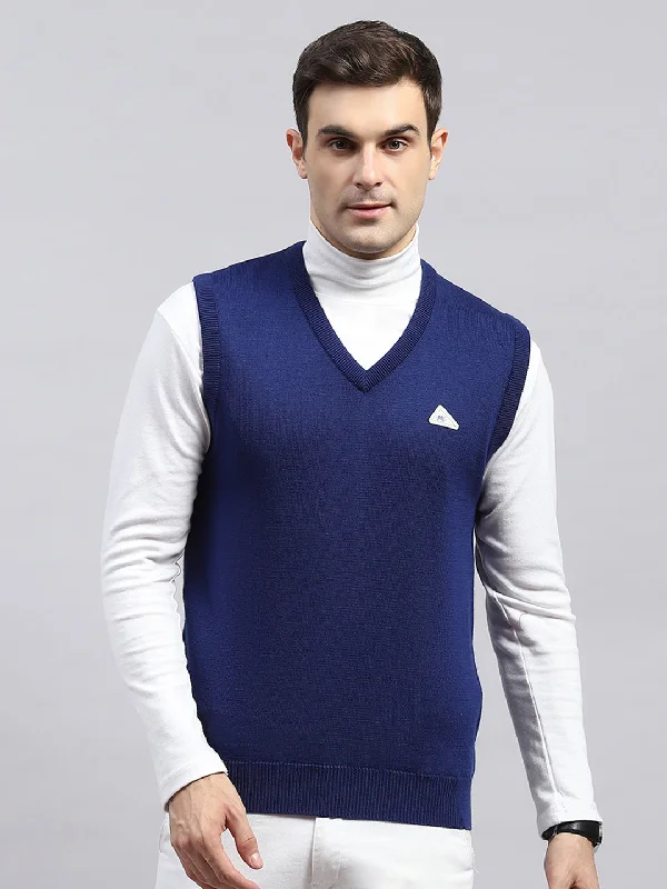Weekend Offers You Can't Ignore Men Blue Solid V Neck Sleeveless Sweater