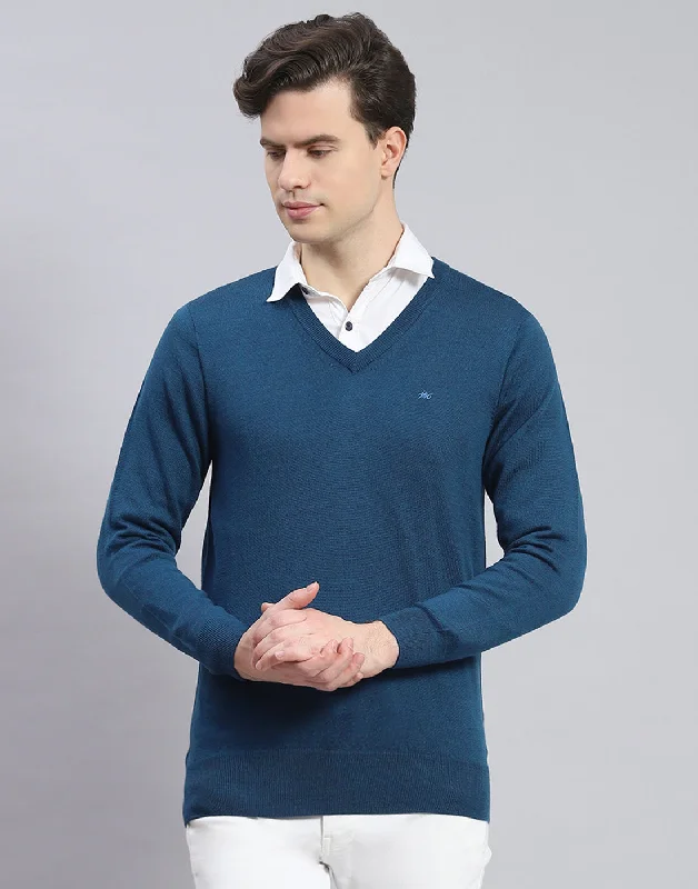 Bargain Bin Men Teal Blue Solid V Neck Full Sleeve Pullover