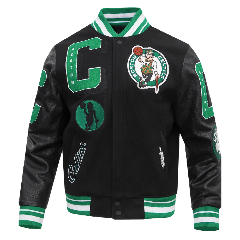 Weekend Savings Extravaganza NBA BOSTON CELTICS MASHUP MEN'S RIB WOOL VARSITY JACKET (BLACK/GREEN)