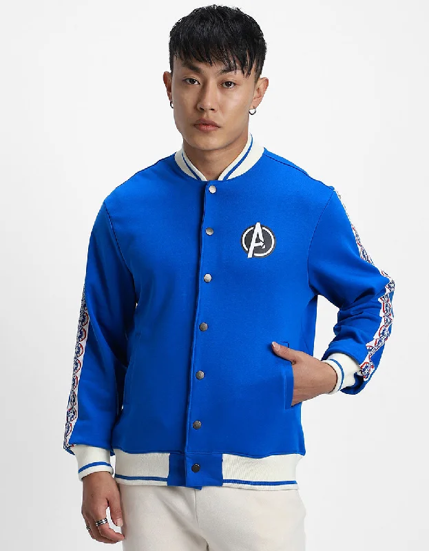 Weekend Discounts to Indulge In Blue Pocket Typographic Printed Varsity Jacket