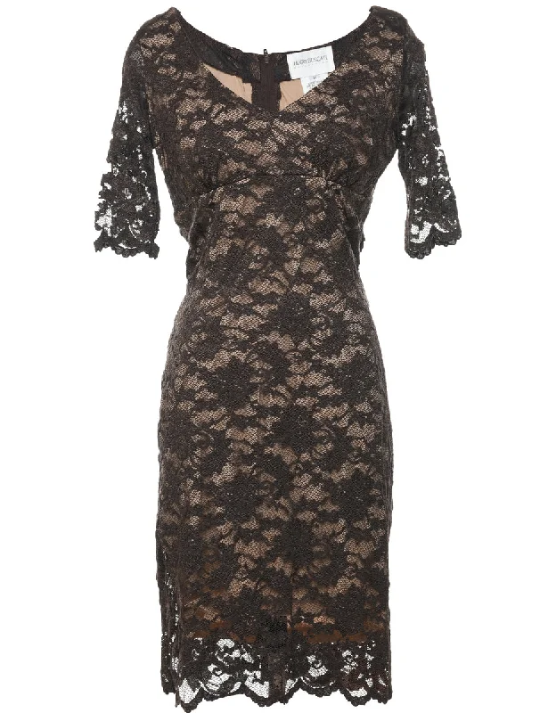 Referral Discount Brown & Nude Lace Evening Dress - M