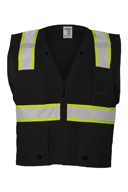 TIME-Limited Offer Kishigo Mens EV Series Enhanced Visibility Multi Pocket Mesh Vest - Black/Lime Green