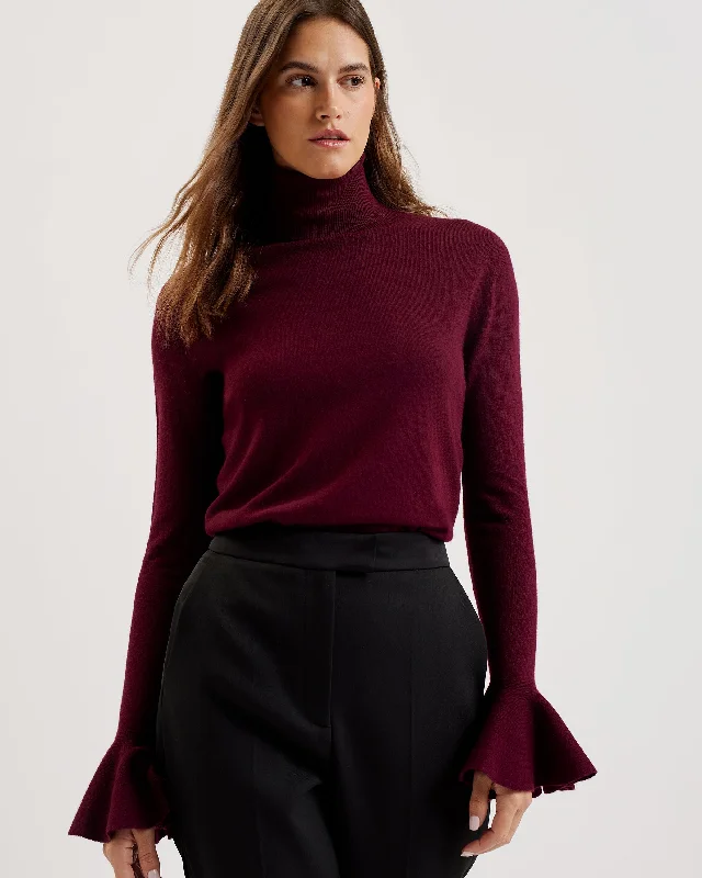 Closeout Tamsenn Roll Neck Fluted Sleeve Sweater Dk-Red