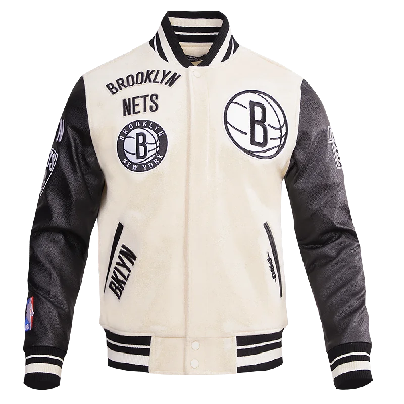 Don't Delay NBA BROOKLYN NETS RETRO CLASSIC MEN'S RIB WOOL VARSITY JACKET (EGGSHELL/ BLACK)