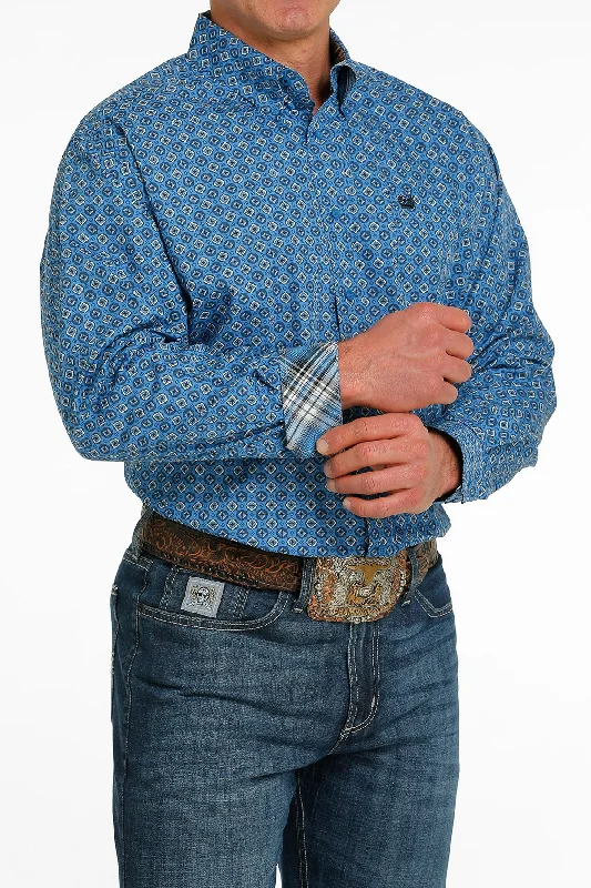 Weekend Specials to Snag CINCH MEN'S LIGHT BLUE DIAMOND PRINT LONG SLEEVE SHIRT