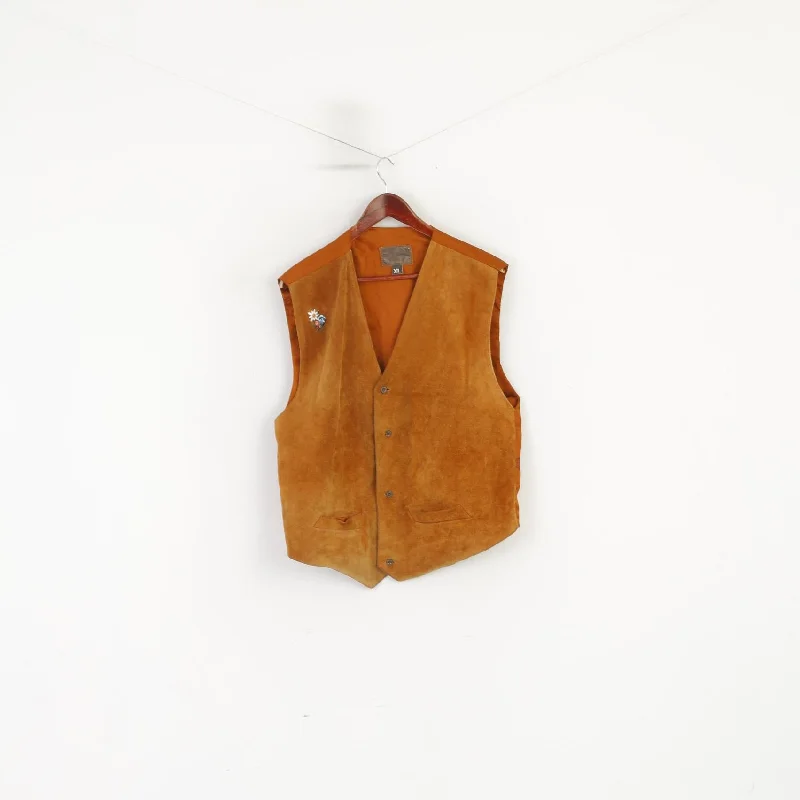 Can't Be Beat Vintage Men XL Waistcoat Mustard Real Leather Country Tyrol Single Breasted Vest