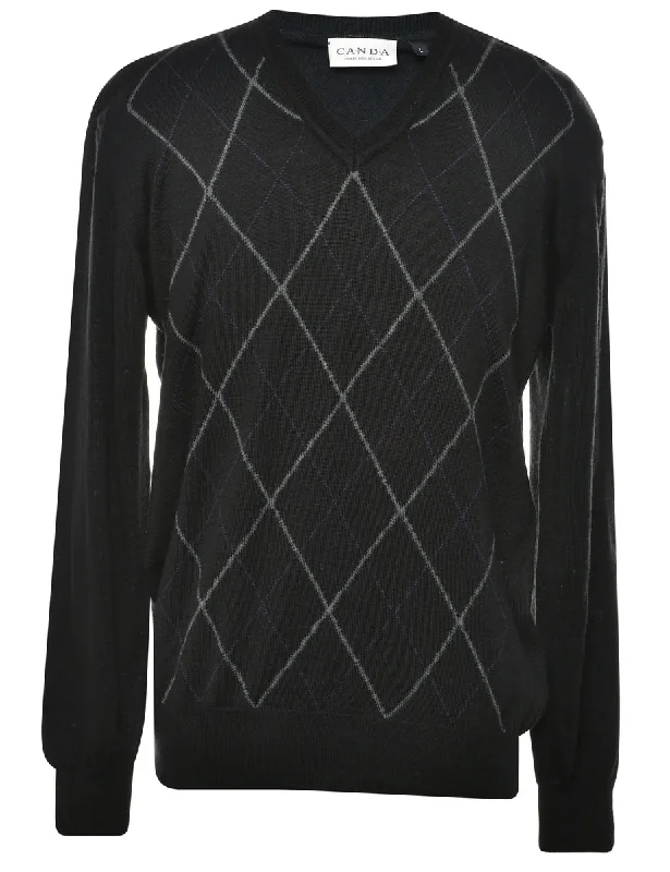 Black Argyle Jumper - L