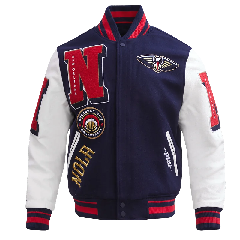 Mega Sale NBA NEW ORLEANS PELICANS MASHUP MEN'S RIB WOOL VARSITY JACKET (MIDNIGHT NAVY/RED/MIDNIGHT NAVY)