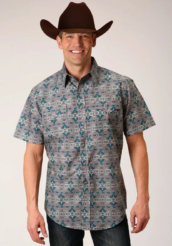 Roper Mens 1484 Geometric Aztec Grey 100% Cotton S/S Shirt