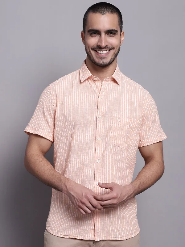 Weekend Specials to Savor Men's Light Orange Casual Thin Stripe Half Sleeve Shirt