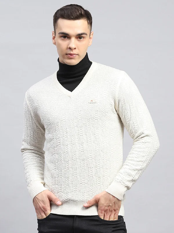 Value Deals Men Off White Self Design V Neck Full Sleeve Pullover