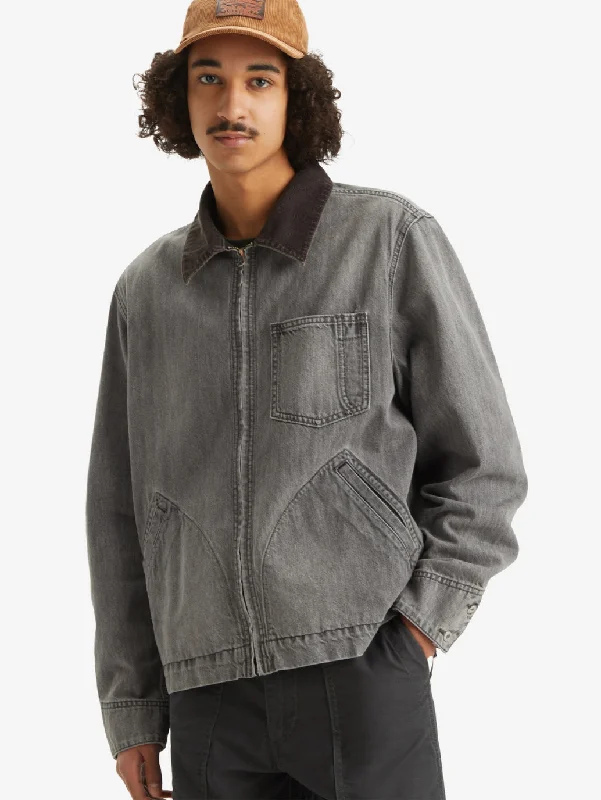 Act Fast Men's Solid Charcoal-Grey Spread Collar Denim Jacket