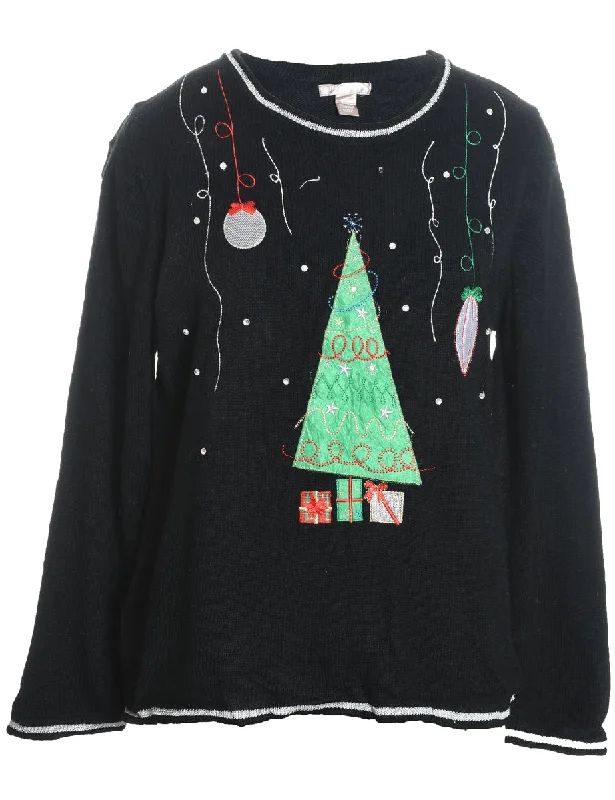 Black Christmas Tree Design Jumper - L