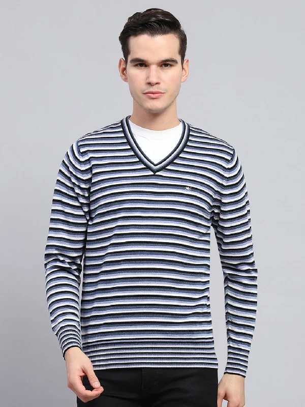 Weekend Specials to Delight Men Blue Stripe V Neck Full Sleeve Pullover
