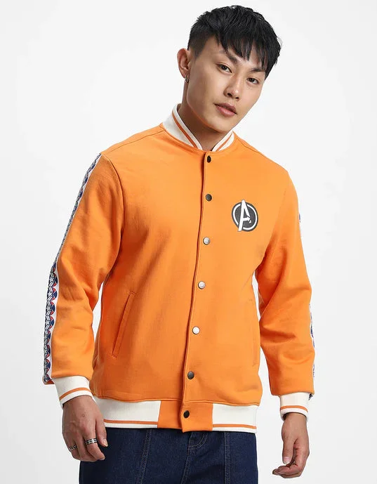 Big Discounts Orange Pocket Typographic Printed Varsity Jacket