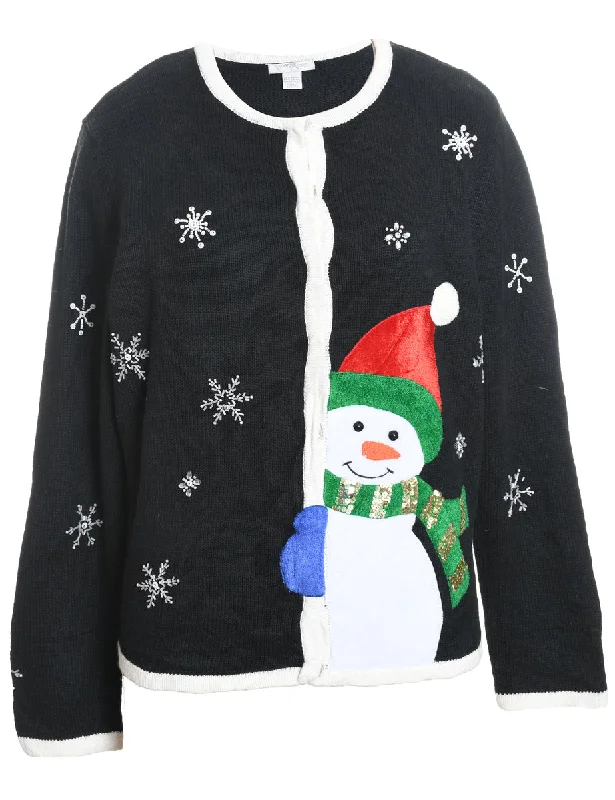 Black Appliqued Snowman Design Christmas Cardigan  - L