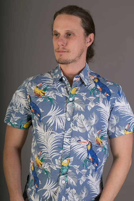 Mega Sale Blue Toucan Bird Tropical Print Cotton Slim Fit Mens Shirt Short Sleeve