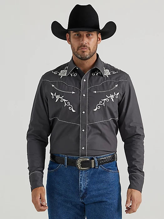 WRANGLER RODEO BEN GREY EMBROIDERED SNAP LONG SLEEVE SHIRT