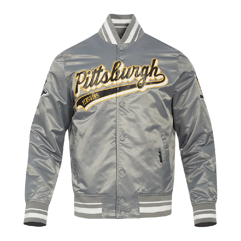 Bonus Savings NHL PITTSBURGH PENGUINS SCRIPT TAIL MEN'S SATIN JACKET (GRAY)
