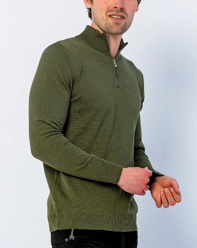 Act Now Quarter Zipper Mock Neck Ribbed Sweater - Khaki